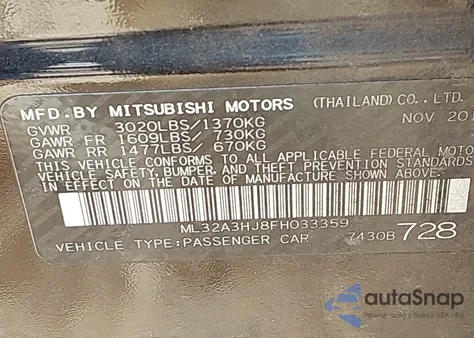 2015 Mitsubishi Mirage De from USA, damaged, VIN ML32A3HJ8FH033359